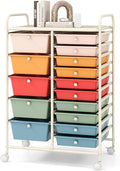 COSTWAY 15 Drawers Storage Cart, Multipurpose Rolling Utility Cart on Wheels w/Lockable Wheels & Removable Drawers, Mobile Tools Scrapbook Paper Organizer Cart for Office School Home, Macaron