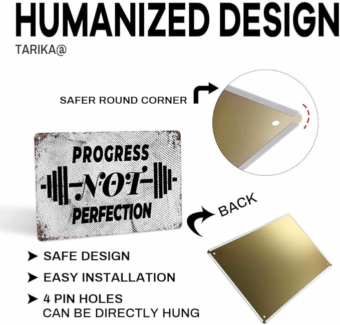 Tarika Progress Not Perfection 20X30 cm Iron Retro Look Decoration Poster Sign for Home Gym Inspirational Quotes Wall Decor