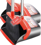 Brooms with Dustpan Combo Set， with 52" Long Handle, Dustpan Teeth with self-Cleaning Function, Indoor and Outdoor Sweeping, Perfect for Home Office (Large/Red /2-Pack)