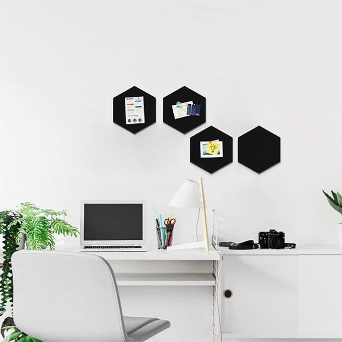 Uoisaiko 12" Large Bulletin Board with 15 Push Pins, Pack of 4 Hexagon Felt Pin Board Notice Boards for Home Office, Felt Wall Tiles for Photos Memos (Black)
