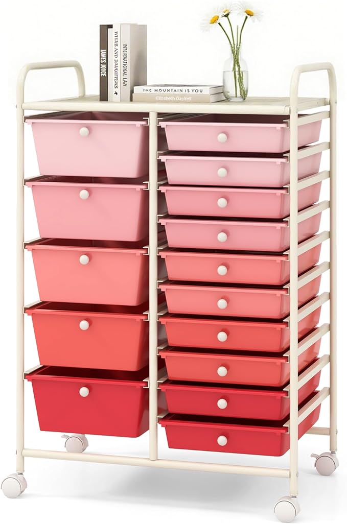 DORTALA 15-Drawer Rolling Storage Cart with Drawers, Rolling Utility Cart w/Removable Drawers & Universal Wheels, Tools Scrapbook Paper Organizer for School, Office, Home, Classroom (Gradient Pink)