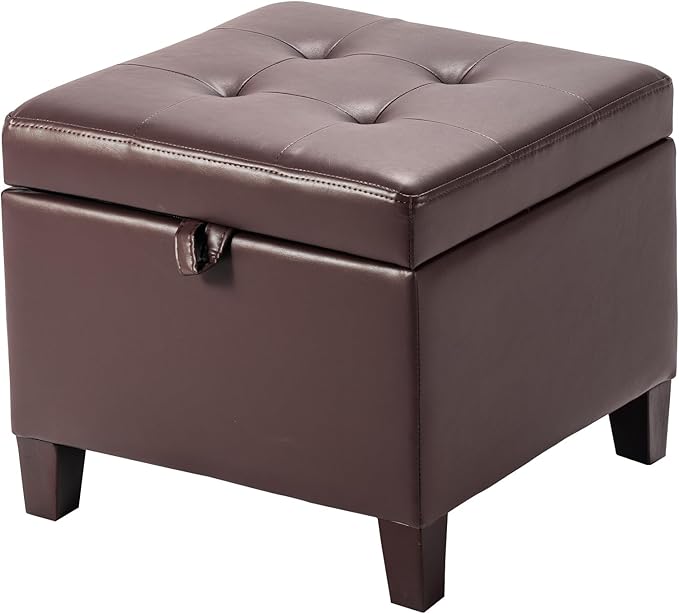Asense 17 Inch Storage Ottoman Foot Rest,Square Faux Leather Foot Stool,Small Ottoman with Storage,Padded Seat for Entryway,Living Room,Bedroom,Couch,Under Desk,Brown