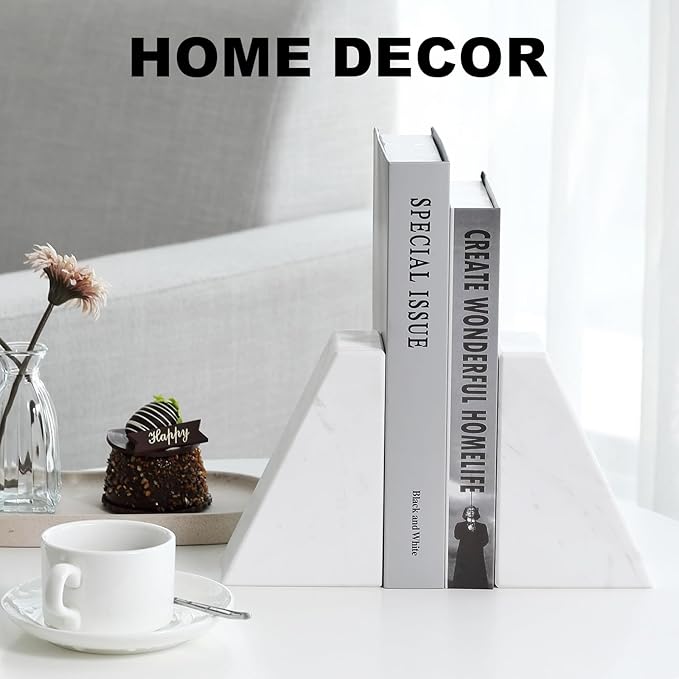 Karibiber Marble Bookends for Heavy Books, Decorative Book Ends for Shelves, White Stone Durable and Heavy-Duty Book Ends for Hardback Books & CDS, Unique Book Stopper & Holder, Set of 2