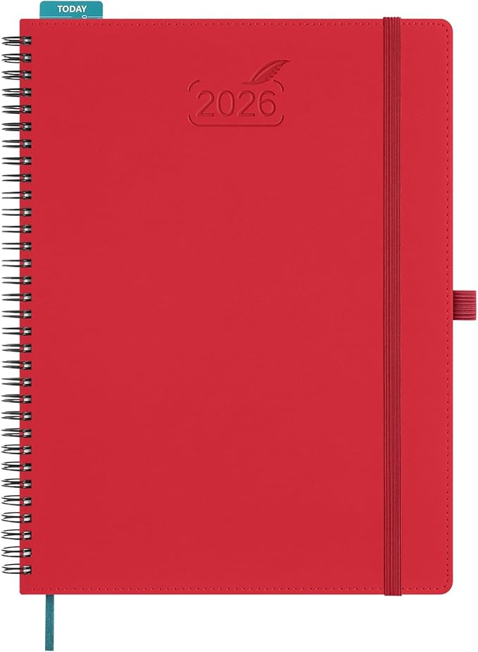 BEZEND 2026 Planner Weekly and Monthly (8.5" x 11" Spiral) Daily Calendar with Hourly Timeslots & Tab (Jan-Dec) Note & Expenses, Pen Holder, Inner Pocket, Vegan Leather Softcover - Red