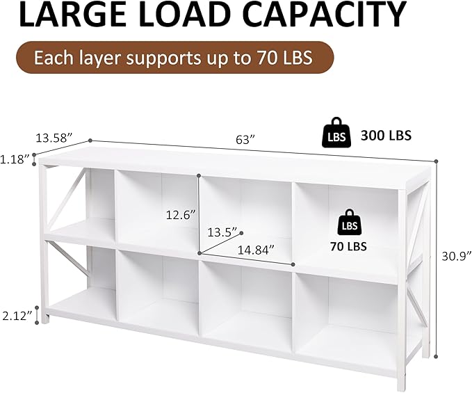 VAKATRELL 8 Cube Storage Organizer Bookshelf, Industrial Horizontal Bookcase, Accent Cubby Shelf, Media Console Table for Living Room, Home Office, 13.6" D x 63" W x 30.9" H, White