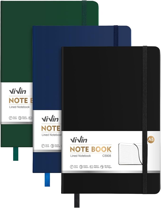 ViVin Lined Journal Notebooks for Work,192 Pages,Medium 5.5 x 8.3 inch,College Ruled,A5 Hardcover Journaling Notebooks for Work,3 Pack(Black,Navy Blue,Dark Dreen)