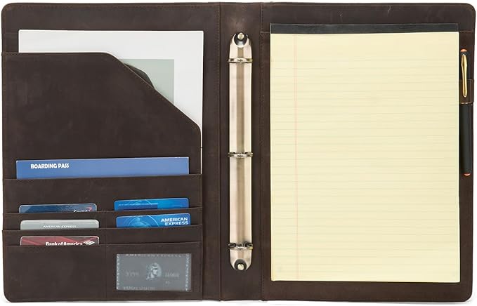 Geslun Personalized Genuine Leather 3 Ring Binder, Custom Engraved 8.5 x 11 Letter Size Folio with Pen Holder, Soft Notebook Portfolio Cover, Notepad Padfolio Organizer for Meeting, Dark Khaki
