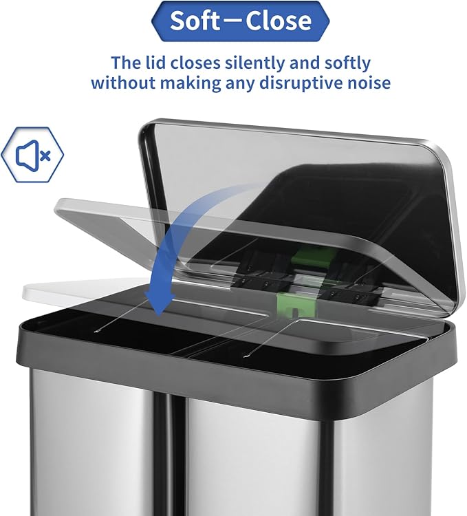 ComfyCorner 16 Gallon Dual Compartment Trash Can, Hands-Free Recycling Rectangular Garbage Bin, Stainless Steel Step-On Dustbin with Soft-Close Lid, Removable Inner Buckets, for Kitchen Home