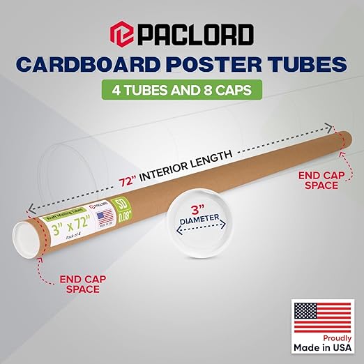 Paclord 3" x 72" Reinforced Kraft Paper Mailing Tube, Pack of 4 Tubes with 8 Caps – Secure USPS Approved Poster Tube – Cardboard Tube for Shipping and Storing Posters, Prints, Artwork, or Documents