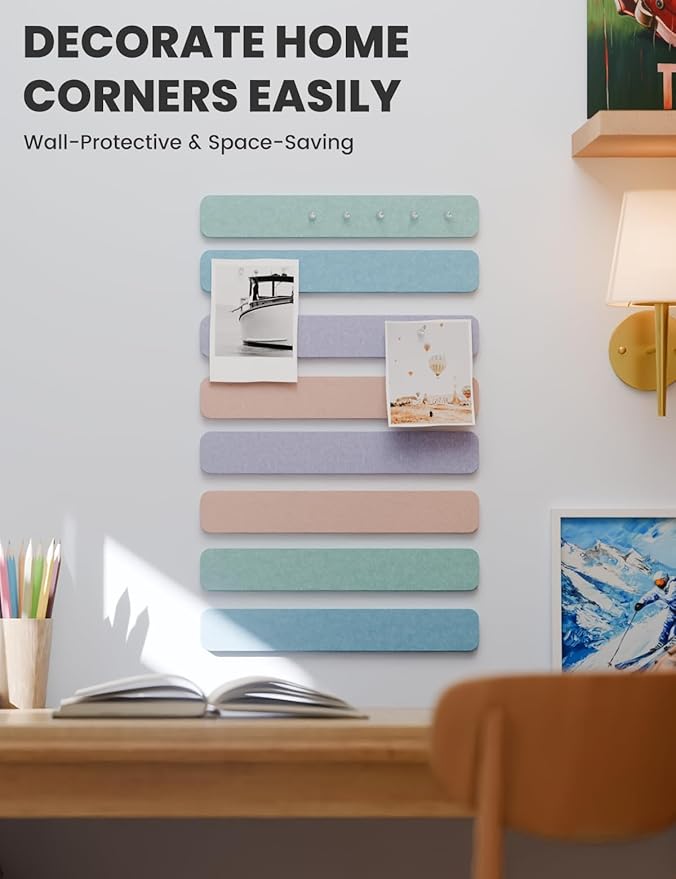 Cork Board Alternative Felt Strip Board 8-Pack 13"x2", Office Pin Board with 50 Push Pins, Adhesive Install for Bedroom Door & Home Office(Coastal Haze)