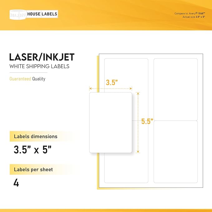 HOUSELABELS 4-up Shipping Labels (3-1/2" x 5") for Laser and Inkjet Printers, 1,000 Sheets
