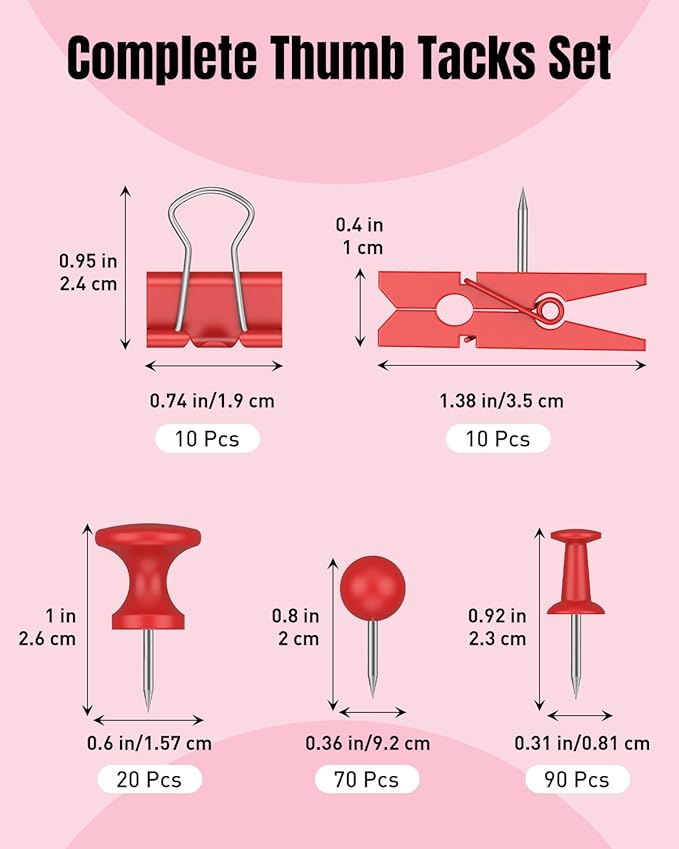 Uniclife 200 Pcs Thumb Tacks for Wall, Red Push Pins for Bulletin Board & Cork Board, Decorative Push Pins, Cute Thumbtacks Hooks Set for Pictures, Photos, Art & Decor, 5 Styles