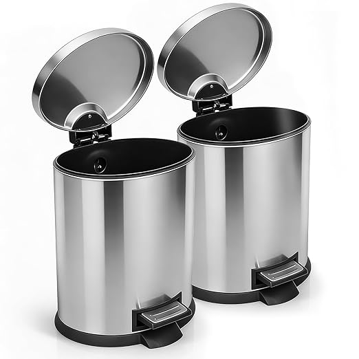 SIMPLYKLEEN Bathroom Trash Can with Lid - 2PC Oval Small Trash Can with Soft-Close Lid, Foot Pedal, Brushed Stainless Steel, Removable Liner, Garbage can for Kitchen, Office, Home Silver