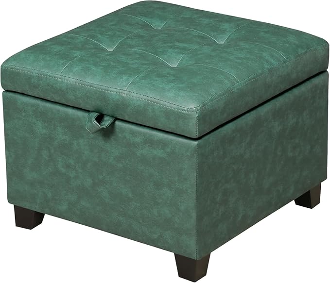 Adeco Green Faux Leather Storage Ottoman with Hinged Lid, 14" Green Square Cube Foot Stool with Storage, Upholstered Vanity Stool with Black Solid Wood Legs for Living Room, Bedroom