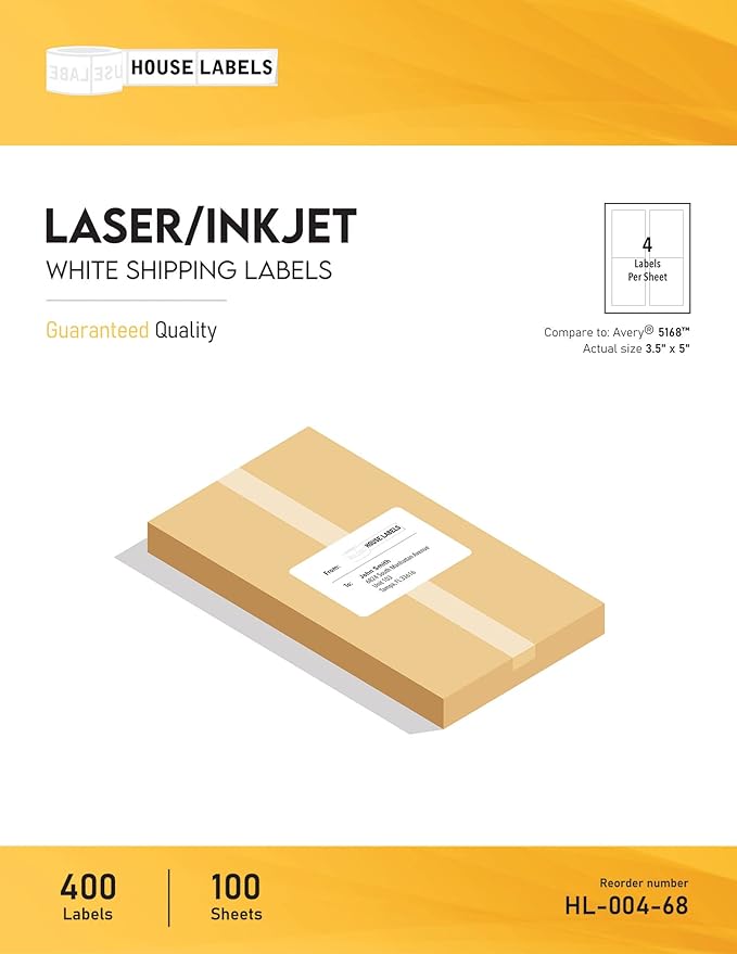 HOUSELABELS 4-up Shipping Labels (3-1/2" x 5") for Laser and Inkjet Printers, 50 Sheets