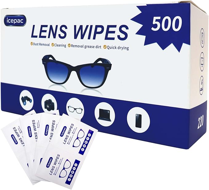 Icepac Lens Wipes for Eyeglasses - 500 Pre-Moistened Individual Wrapped Eye Glasses Cleaning Wipes | Glasses Cleaner Safely Cleans Glasses, Sunglasses, Phone Screen, Electronics & Camera Lens