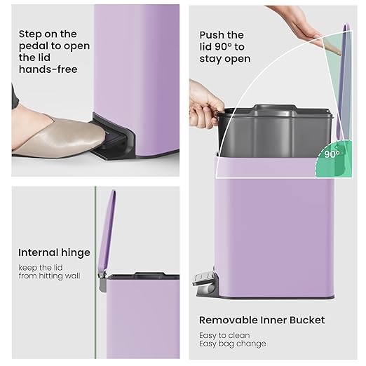 Cesun Small Bathroom Trash Can with Lid Soft Close, Step Pedal, 6 Liter / 1.6 Gallon Stainless Steel Garbage Can with Removable Inner Bucket, Anti-Fingerprint Finish (Purple)