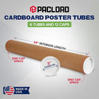 3" x 24" Reinforced Kraft Paper Mailing Tubes, Pack of 6 Tubes with 2 Caps Each – USPS Approved Poster Tube – Made in USA Cardboard Tube for Shipping and Storing Posters, Prints, Artwork, or Documents