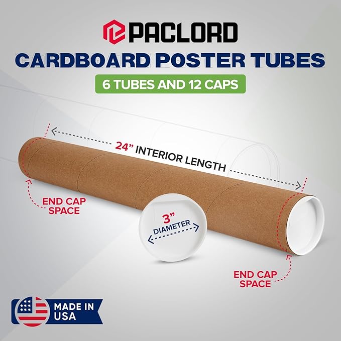 3" x 24" Reinforced Kraft Paper Mailing Tubes, Pack of 6 Tubes with 2 Caps Each – USPS Approved Poster Tube – Made in USA Cardboard Tube for Shipping and Storing Posters, Prints, Artwork, or Documents