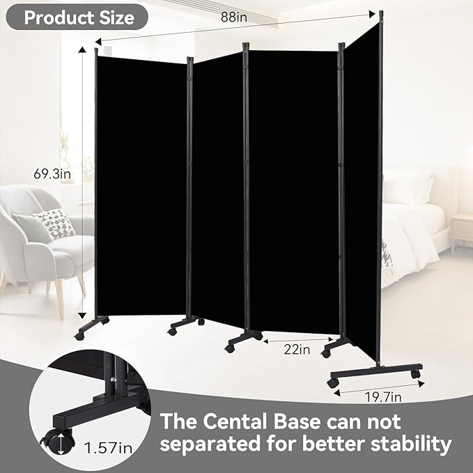 Room Divider (4 Panel) Wall Divider for Room Separation, 88 inch Wide Portable Privacy Screens W/Wheels, Metal Frame Freestanding Room Separators 5.6FT Room Partitions and Dividers