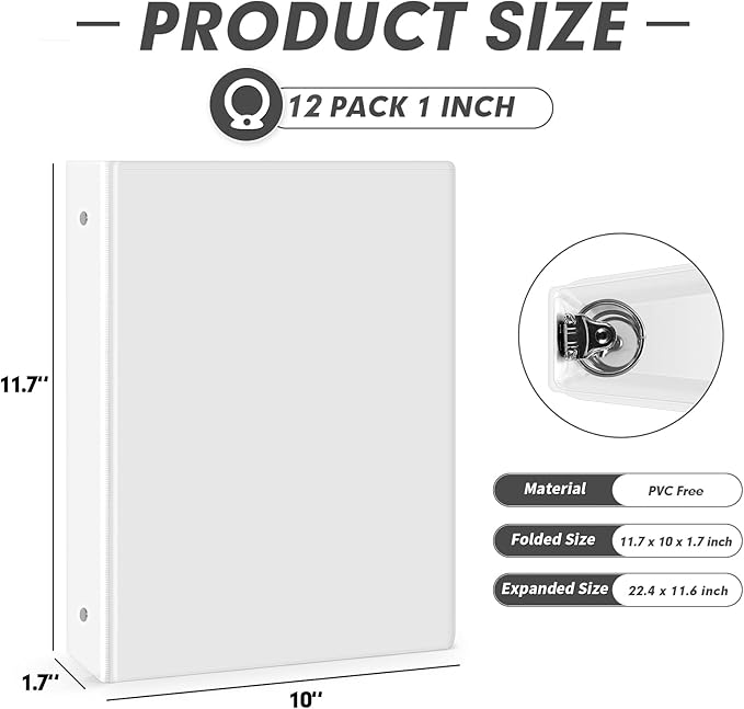 3 Ring Binder 1 Inch, PANDRI 12 Pack 1-Inch Binder Fits Letter Size 8.5'' x 11'' Paper, Versatile Binders for Office Home School, 2 Pockets, White