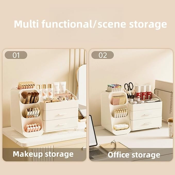 KQJS Makeup Organizer with Drawers,Large Capacity Countertop Organizer for Vanity,Bathroom and Bedroom Desk Cosmetics Organizer,Easy To Storage Skincare,Brushes,Lotions,Lipstick (All Cream)