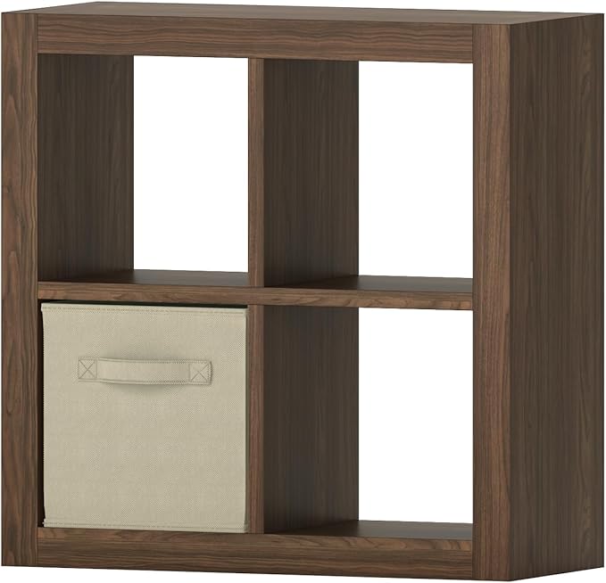 furtble Bookshelf with Storage Bin, 4-Cube Storage Organizer, Modern Wood Open Bookcase, Multifunctional Display Shelf for Living Room, Bedroom, Home Office, Classic Oak