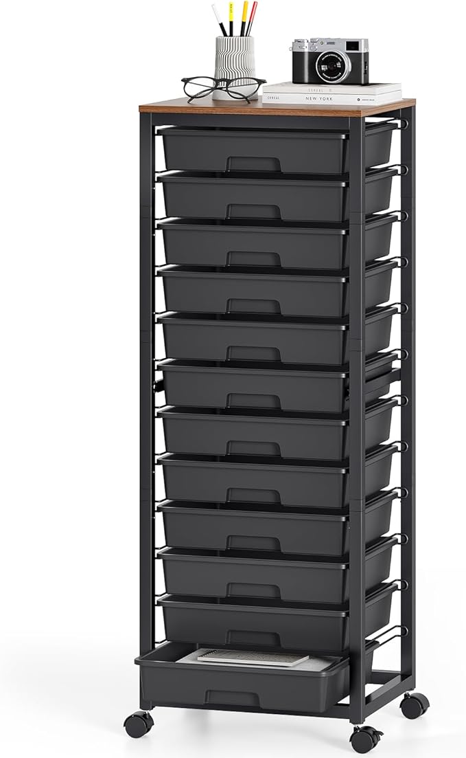 SYKIARIOL Rolling Cart with Drawers,12 Drawer Rolling Cart,Rolling storage cart with drawers,Black Rolling Drawer Cart,Teacher Rolling Cart for Classroom Storage,Craft Cart with Wooden Tabletop