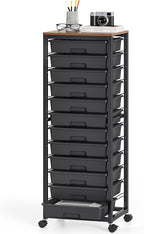 SYKIARIOL Rolling Cart with Drawers,12 Drawer Rolling Cart,Rolling storage cart with drawers,Black Rolling Drawer Cart,Teacher Rolling Cart for Classroom Storage,Craft Cart with Wooden Tabletop