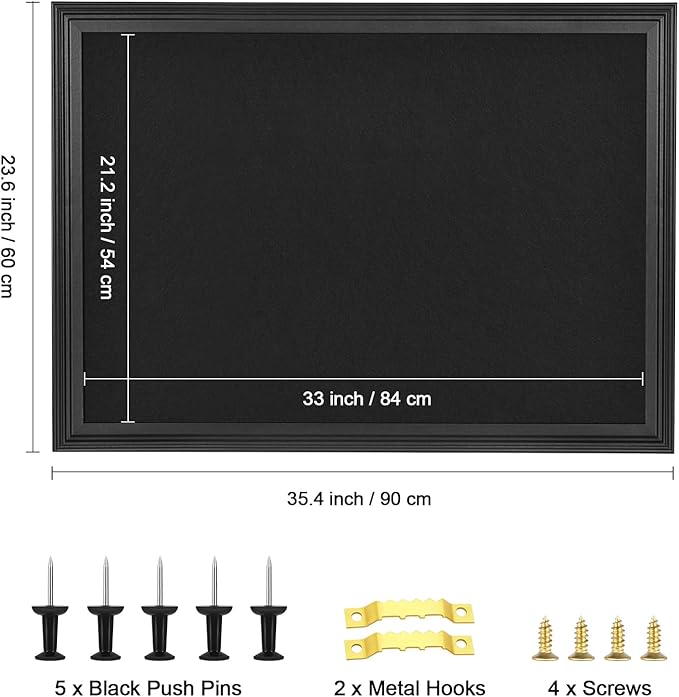 YCCYYCCY Bulletin Board with Felt, Black Wood Framed Display Bulletin Board for Walls with Pins, Eye Bolts, gaskets, Screws, Pin Board for Office, School and Home(MZB-BK,6090,1P)
