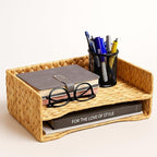 PINXIURY 2-Tier Water Hyacinth Letter Tray – Woven Paper & Mail Organizer for A4 Files, Magazines, Office Documents Desktop File Basket for Home Office Supplies