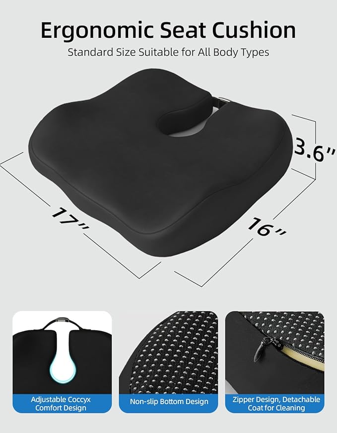 Extra-Dense Seat Cushion for tailbone pain relief ，Ergonomic seat cushions for office chairs，sciatica pain relief pillow , pressure relief Seat Cushion,office chair cushion，car seat cushion-Black
