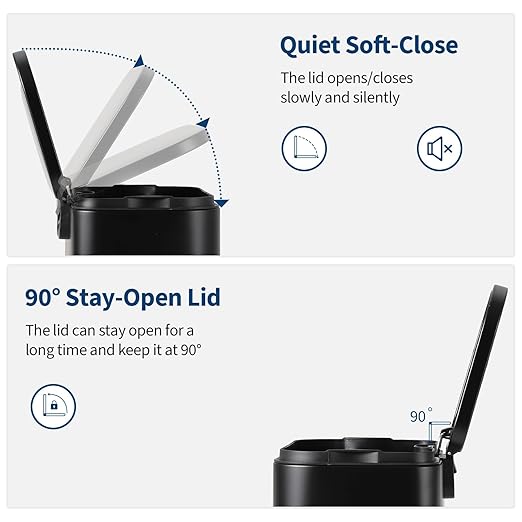 Takywep 5.2 Gallon Brushed Stainless Steel Trash Can with Soft-Close Lid, 3.2/5.3/8/13.2 Gallon Smudge-Resistant Compact Garbage Bin for Kitchen, Bathroom, Office - Black & White