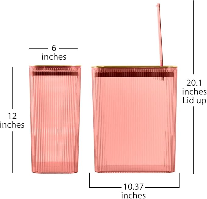 Glad Bathroom Trash Can, 2.6 Gallon (10L) - Slim Plastic Waste Basket with Pop-Up Lid and Bag Ring - Colored Clear Trash Can for Bedroom, Office, College Dorm - Blush