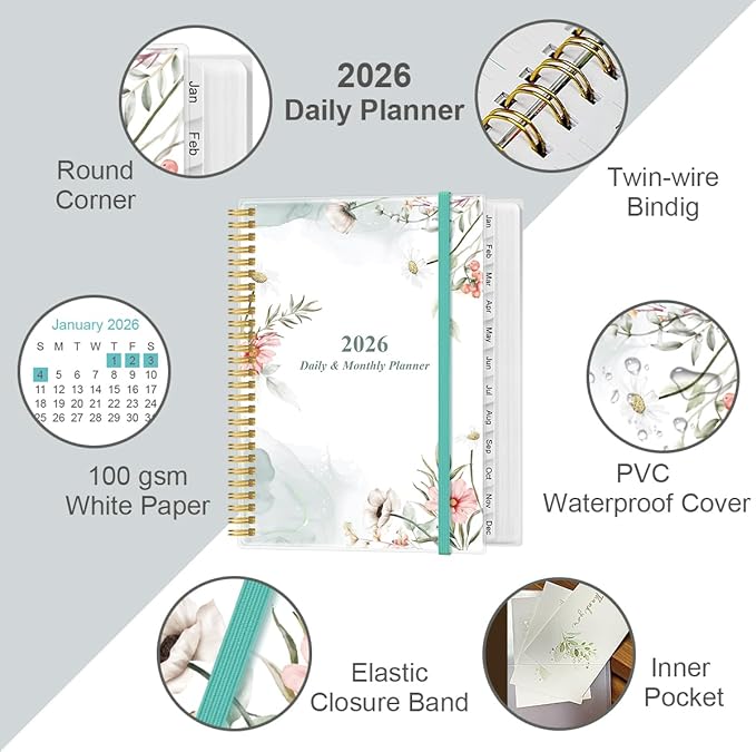 Daily Planner 2026 Full Page Per Day- 2026 Daily & Monthly Planner from January 2026 to December 2026, Day Planner 2026 with 12 Months Tabs, 8.5" x 11", Pink Flowers