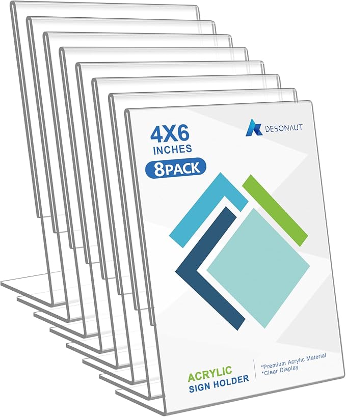 DESONAUT 8Pack Slanted Back Acrylic Sign Holder 4 x 6Inches，Clear Plastic Sign Holder Paper Photo Display，Menu Table Top Desktop Stand，Clear Picture Frame，Flyer Holder(Vertical)