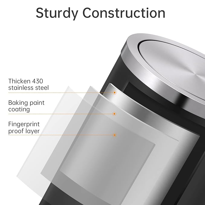 Mbillion Small Trash Can with Swing Lid 2.4 Gallons/9 Liter, Mini Trash Can with lid, Stainless Steel Cylindrical Garbage Can for Home and Office Bathroom Bedroom, for Ground and Desktop(Black)
