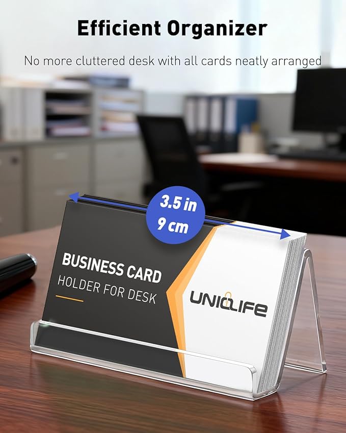 Uniclife 4 Pack Acrylic Business Card Holder for Desk, 3.5" x 1.9" x 2", Clear Horizontal Business Card Display Stand, Desktop Business Card Organizer for Office, Index Card Holder, 50 Card Capacity