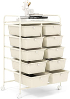GOFLAME 10-Drawer Rolling Storage Cart, Art Craft Storage Organizer on Wheels, Multipurpose Movable Utility Cart for School, Office and Home, Ivory