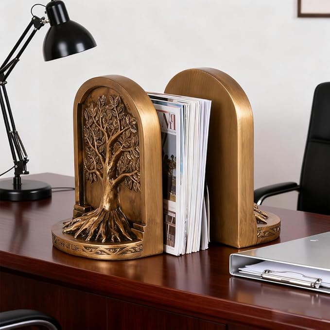 Tree of Life Bookends Set – 6.1" Resin Decorative Bookends, Antique Bronze Finish, Non-Skid Heavy Duty Support for Books, Bookshelf Decor, Office, Library, Housewarming Gift
