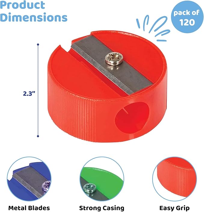 Neliblu Pencil Sharpeners - Plastic Pencil Sharpener for Kids with Metal Blades - Portable and Colored Manual Pencil Sharpener - Back to School Essential - Bulk Pack of 120