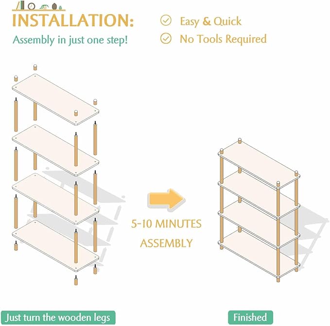 IOTXY 5-Tier Wooden Shelf Bookcase - Modern Open Bookshelf, Free Standing Storage Rack, Multifunctional Display Stand for Home and Office, White, Rectangle