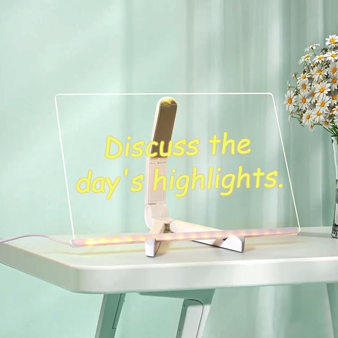Acrylic Dry Erase Board with Light 11.8 X 7.9” Clear Light up Dry Erase Board with Stand Desktop Glow Memo LED Letter Rewritable Message Board White Board LED Note Board with 7 Color Markers