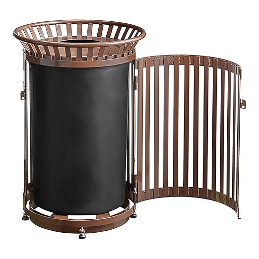 Zedfire 45 Gallon Brown Waste Bin with Flat Lid & Door, Outdoor Heavy-Duty Commercial Trash Can Steel Slatted, Round Recycle Container, Durable Garbage Can for Parks, Municipalities, Parking, Schools