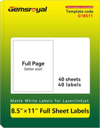 Gemsroyal 8.5"×11" Full Sheet Shipping Labels Printable,8.5×11 inch White Matte Address Label Stickers for Laser/Inkjet Printer,Full Page Large Mailing Sticker Paper, 40 Blank Labels in Total