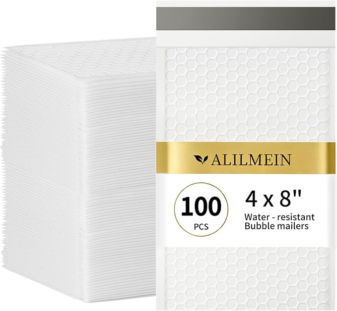 Alilmein 4×8" Inch Bubble Mailers 100 Pack Small Bubble Mailers Waterproof Padded Envelopes Self Seal Adhesive Shipping Bags for Mailing Cards Jewelry Makeup and Small Business Packaging