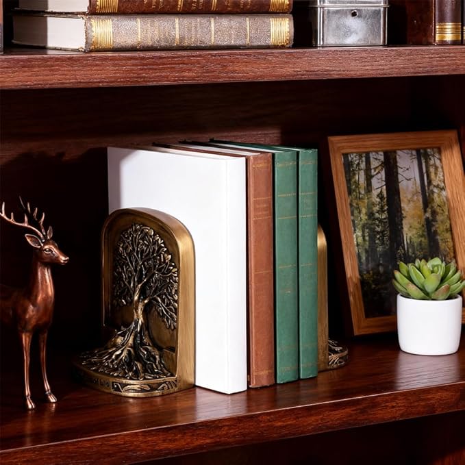 Resin Tree of Life Bookends Set, 2Pcs Decorative Non-Skid Book Ends for Heavy Books, Shelves, Bookcase or Desk - Antique Bronze Color Home Décor Gift, Library and Office Decor