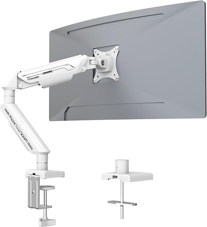 Fydeamer Monitor Arm for 17-35" Screens up to 24.2 lbs, Ergonomic Gas Spring Monitor Stand with Height Adjust, Tilt, Swivel & Cable Management, VESA Desk Mount with 2 Types of Installation, White