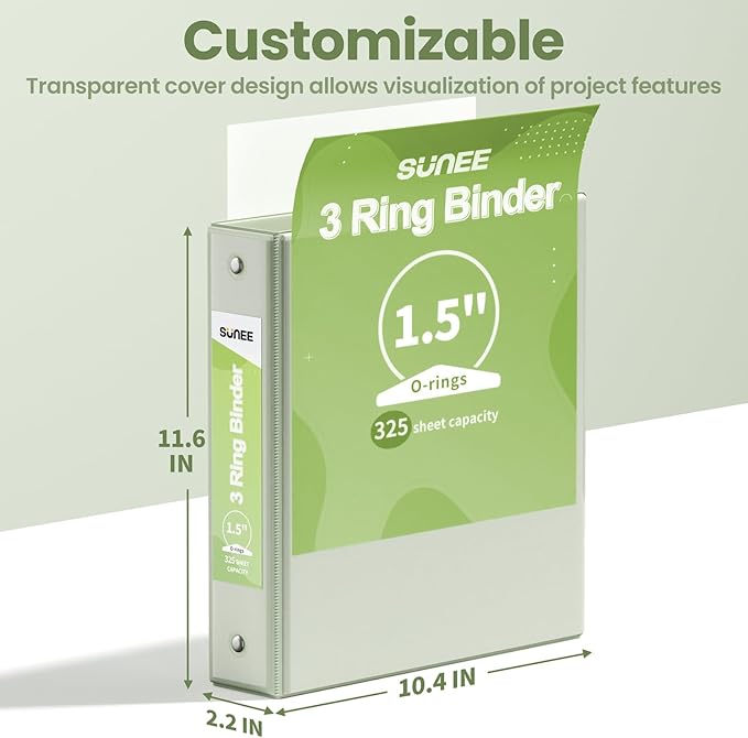 SUNEE 3 Ring Binder 1.5 Inch 1 Pack, Clear View Binder Three Ring PVC-Free (Fit 8.5x11 Inches) for School or Office Supplies, Sage Green