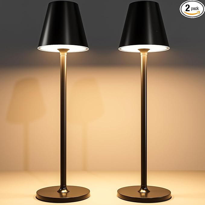 Timjorman 2-Pack Cordless Table Lamps - 5000mAh Rechargeable Battery Operated Desk Lamp, 3-Level Dimmable LED Night Light for Bedroom, Dining, Restaurant - Metal Design (Black 2-Pack)